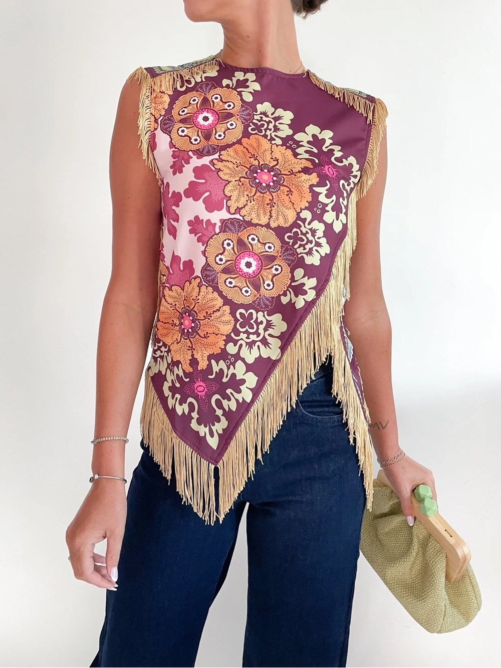 Fringed Floral Sleeveless Blouse in Plum and Gold